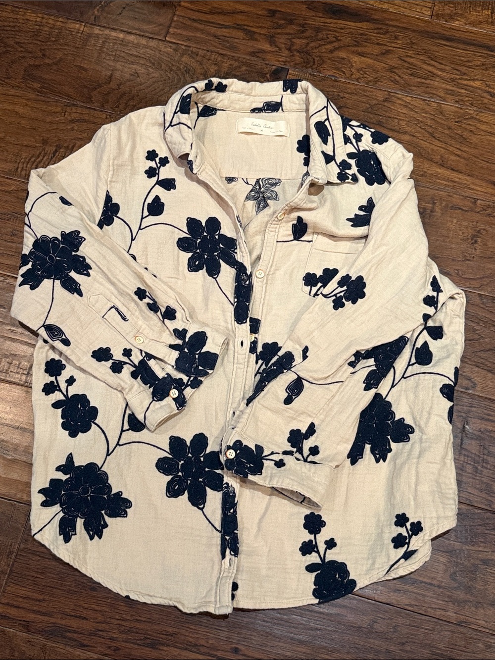 Light Cream Button-Down Shirt with navy Floral Embroidery